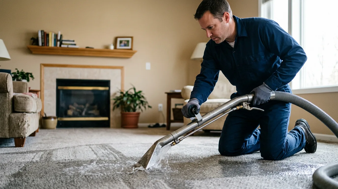 Water damage restoration technician working in a home in Delaware